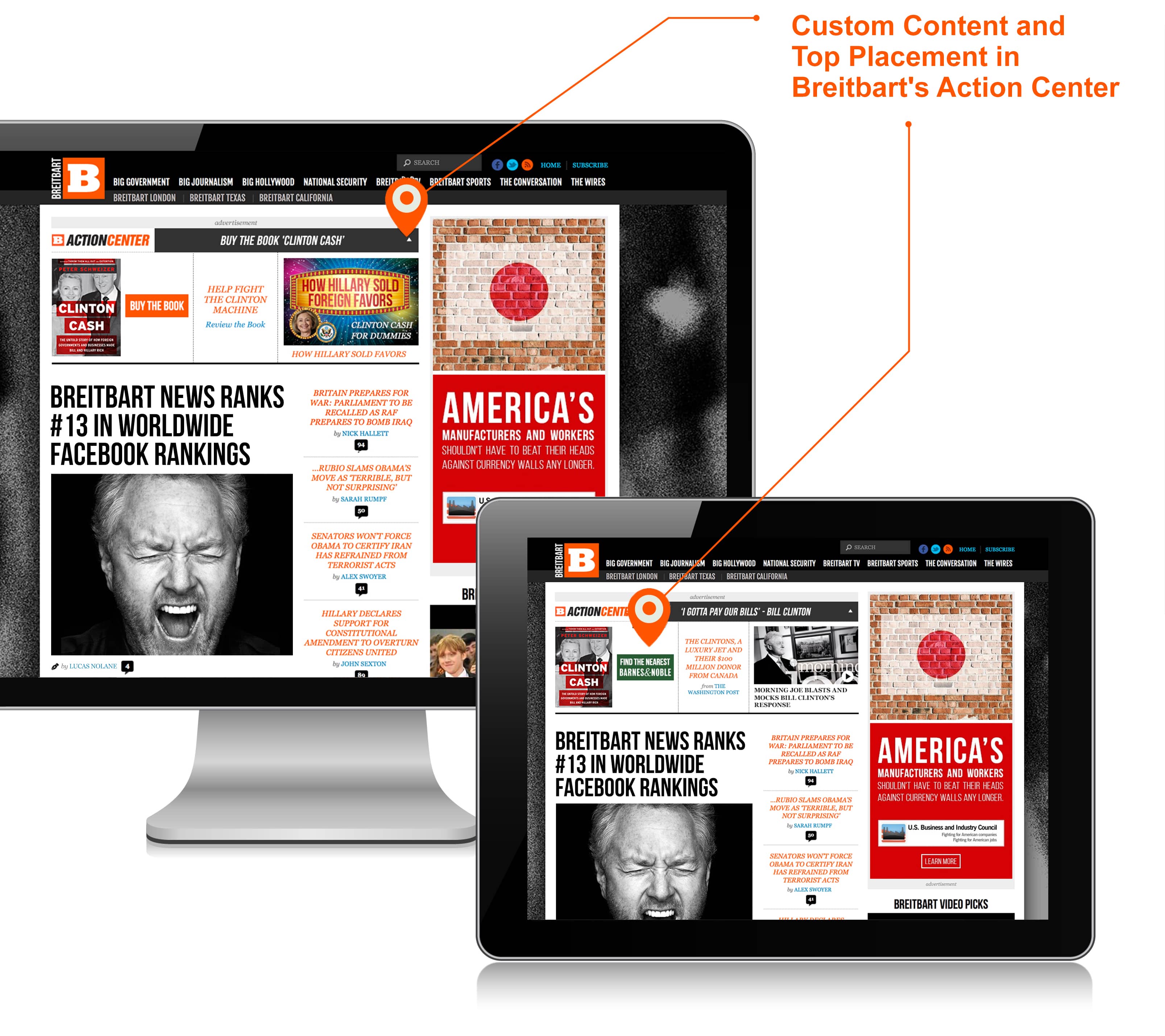 Action center advertising examples on desktop and tablet